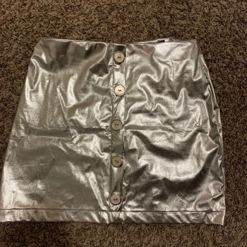 Petite Metallic Snake Effect Button Mini Skirt